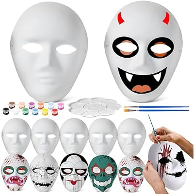 kykake 12pcs Halloween Blank White Full Face Mask, DIY Craft Blank Mask Painting Paper Masks Masquerade Mask Cosplay Masks Halloween Party Mask for Adults