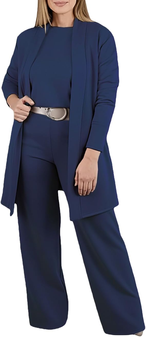 Women's 3 Piece Outfits Elegant Solid Color Cardigan Sweatsuit Casual Crewneck Pullover Wide Leg Pant Sets with Belt