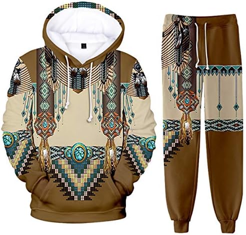 AMOMA Cosplay Native Indians 2-Piece Hoodie Sweatpant Suit Casual Folk Style Pants Clothing Sets for Men WomenL,BeltBrown