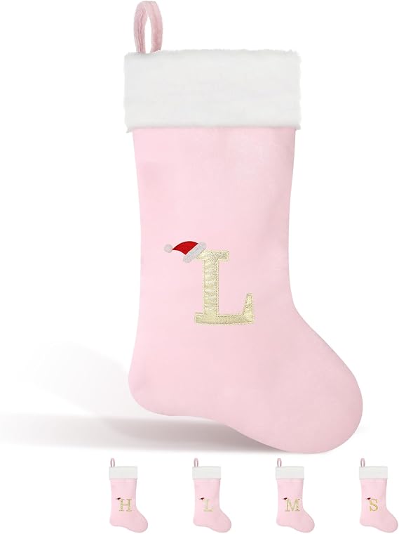 22 Inches Christmas Stocking with Initials Monogram Christmas Stocking Velvet with White Soft Plush Cuff Embroidered for Xmas Tree Fireplace Decorations Holiday (L Letter,Pink)