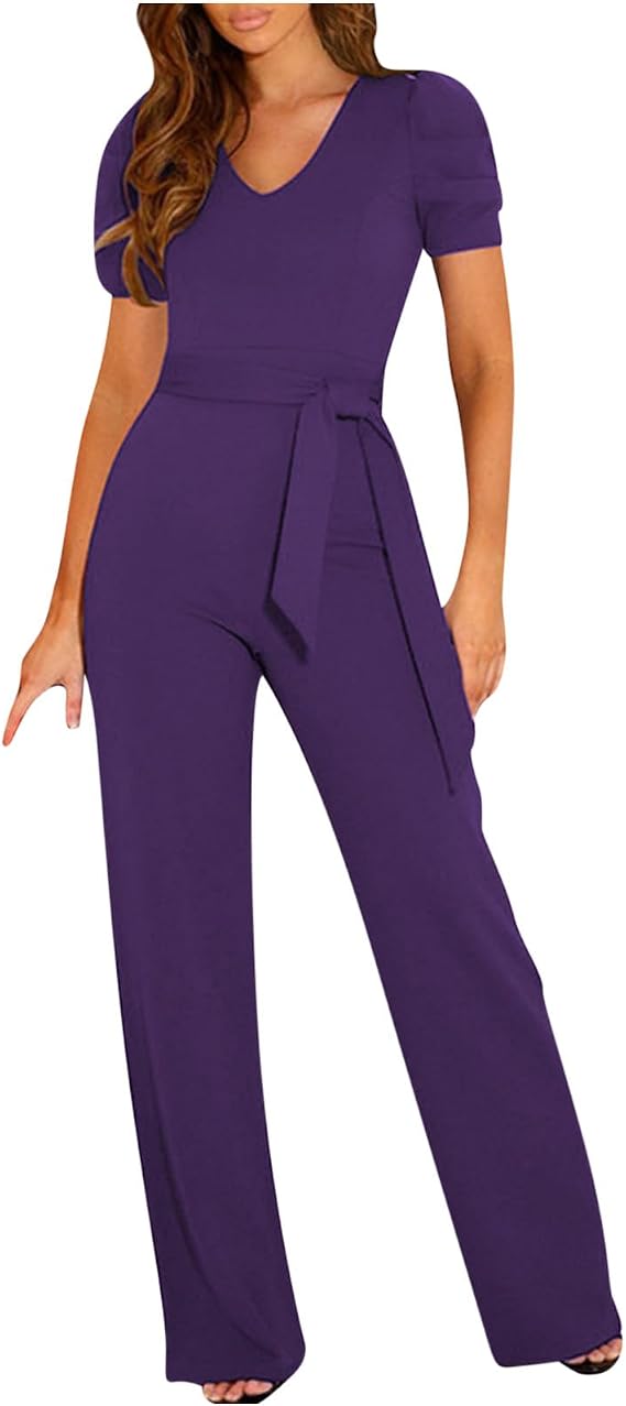Slim Fit Jumpsuit Women V Neck Dressy Romper Classy Wide Leg Playsuit Sexy Casual Strappy Waist Up Romper Pants