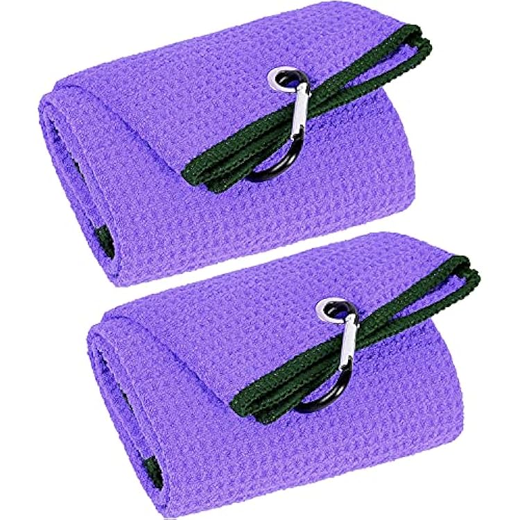 VIVIDLY 2 Pack Tri-fold Golf Towels, Premium Microfiber Fabric Waffle Pattern with Black Heavy Duty Carabiner Clip, Purple Golf Towels for Golf Bags for Men Purple