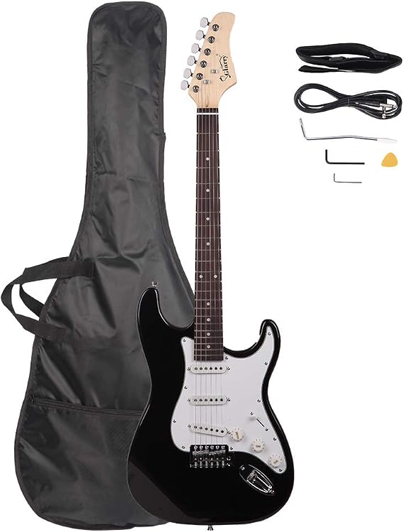 Bonnlo 39 Inch Electric Guitar for Beginner, Rosewood Fingerboard,SSS Pick Up with Bag Shoulder Strap Pick Whammy Bar Cord Wrench Tool, Black & White