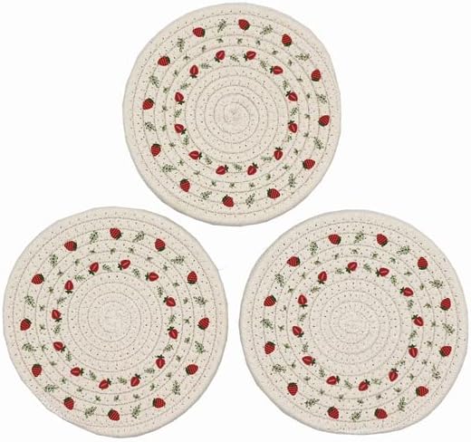Potholders Set Trivets 100% Pure Cotton Thread Weave, Set of 3 Kitchen Pot Holders for Hot Pots and Pans, Hot Pads for Cooking Baking by Diameter 7 Inches (Strawberry)
