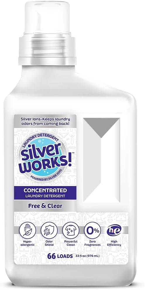SilverWorks! Powerful Odor Eliminating Laundry Detergent Liquid, Silver Ion Deodorizer Technology, Laundry Odor Eliminator For Clothes, Cleans, Deodorizes & Protects - 33 fl oz, 66 Loads, Free & Clear
