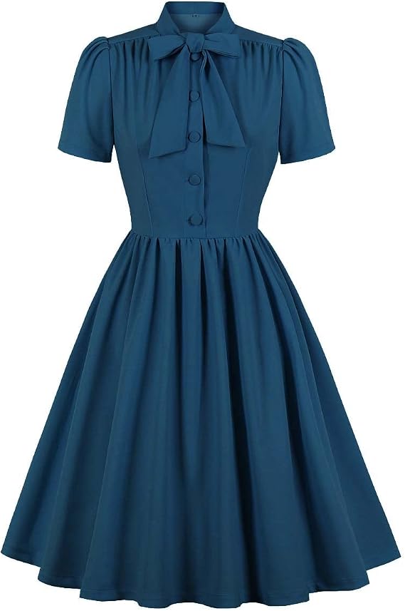 Vintage Women 1940s Bow Tie Neck Dress Retro 40s 50s Button Up Business Work A-line Cocktail Dresses