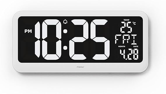 mooas Digital Alarm Clock Big Mirror Timer LED Desk Clock, Time Timer, Date Alarm Large LED Display Temperature Adjustable 3 levels Brightness 12/24H Count Up/Down Desk Timer for Office Kitchen(White)