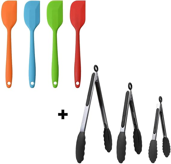 4-piece 11 inch Silicone Spatulas + 3-piece Silicone Tongs Set