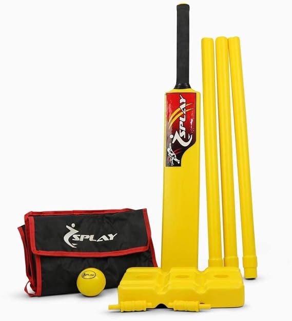 Splay Plastic Cricket Kwik Set for Children and Adults with Carry Bag - Quick Beach Set Suitable for Indoor Outdoor use Yellow Kit. Set includes Plastic Cricket Bat, Stumps Bails Windball, Stump Base and Carry Bag