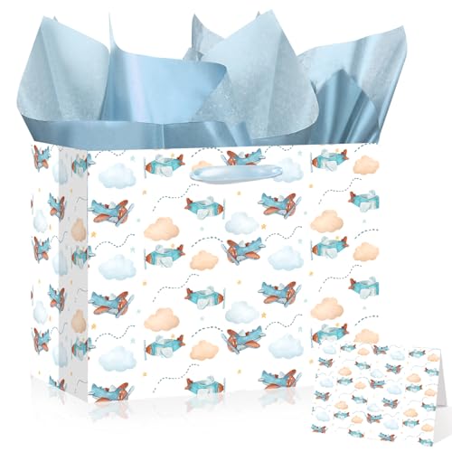 Airplane Party Favors Bag with Tissue Paper and Card Airplane Wrapping Paper Baby Shower Paper Gift Bag for Boys Blue Plane Airplane Goodie Bags Baby Shower Decorations for Boys Birthday Supplies