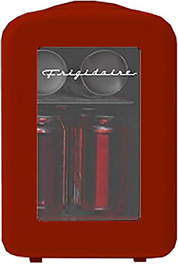 Frigidaire Red Mini Personal Fridge Cooler, Transparent Door, 1 Gal Capacity fits Six Cans, Includes Plugs for Home Outlet & DC Charger - 9.84" D x 7.09" W x 10.35" H