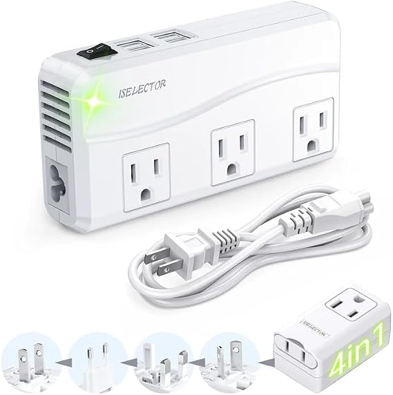 ISELECTOR Voltage Converter 220V to 110V, Travel Converter US to Europe with 4 USB Ports, 3 AC Sockets 4-in-1 Adapter Suitable for UK/AU/US/EU