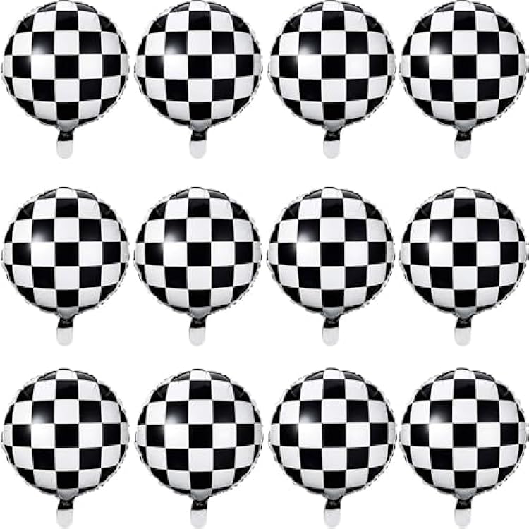 Checkerboard Balloon 12 Pcs Aluminum Foil Black White Checkered Balloon for Racing Themed Party Decoration Supply, 18 Inches