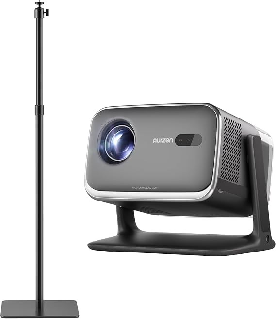 Aurzen BOOM mini Smart Projector Bundle with Adjustable 17.343.3 in Height Projector Stand, 20W Dolby Audio, Real-Time Focus, 4K Supported Smart Portable Home Theater Projector Outdoor, Black