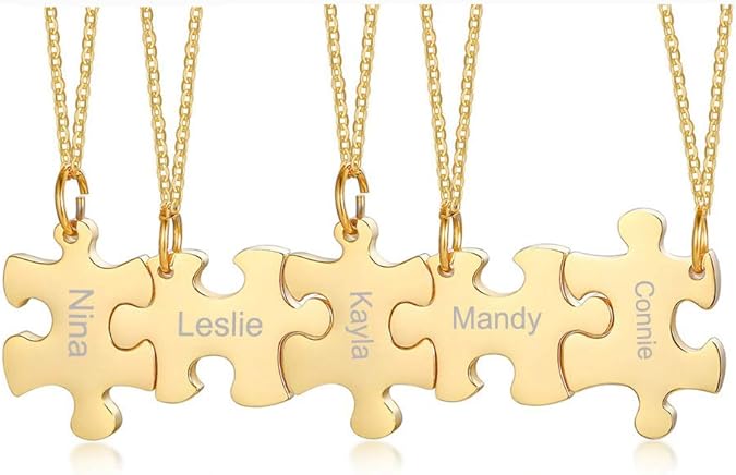 Stainless Steel Personalized Name Puzzle Piece Necklace for 2/3/4/5/6 BFF Best Friend Connected Stitching Necklace Friendship Jewelry Customized Family Jewelry