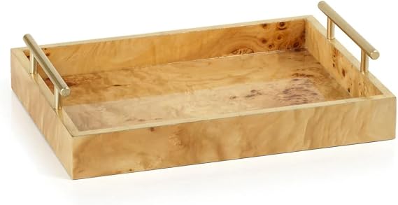 Zodax Leiden Burl Wood Design Rectangular Tray with Gold Handles (Medium)