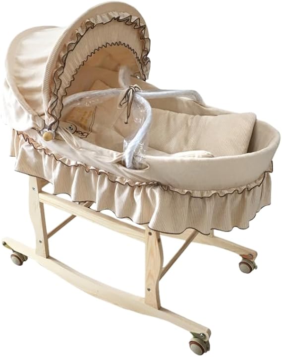 Baby Bassinet with Mattress and Wooden Frame is a convenient baby accessory that gives you peace of mind when taking care of your baby colored cotton skirt + wooden frame, 33.5 x 15.7 x 35.4
