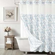 No Hook Fabric Waterproof Dark Blue Floral Shower Curtain, Farmhouse Flower Shower Curtain Liner Set for Bathroom Decor, Chic Cloth Leave Hookless Shower Curtain Set, 71" Wx 74" L