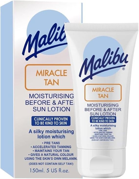 Malibu Miracle Tan Lotion Before and After Sun Moisturising Lotion with Aloe Vera, Vitamin E and Citrus Flavonoids, Hydrating Tan Enhancing Skin Care, 150ml | Aloe Vera, Vitamin E, Citrus Flavonoids, Hydrating & Vitamin Enriched, Tan Enhancing Formula