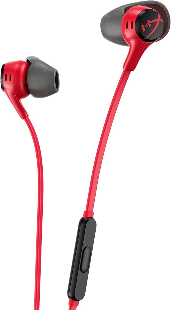 HyperX Cloud Earbuds II 14mm Drivers, Four Eartips, Hard-Shell Carrying Case, Low-Profile 90 Plug, 3.5mm Plug, Built-in Microphone, Multi-Function Button, PC, Mobile, Nintendo Switch Red
