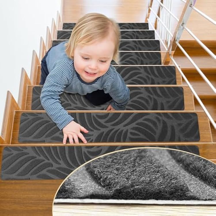 Stair Treads for Wooden Steps Indoor, Self Adhesive Residue Free Machine Washable Reusable Non Slip Carpet Stair Treads - 15 Pack 30X8 Anti Slip Mats - Leaf Grey