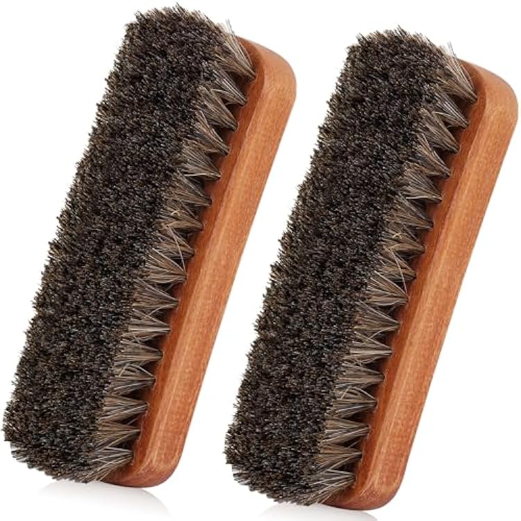 6.7 Horsehair Shoe Shine Brush Set of 2-100% Soft Genuine Horse Hair Bristles - Unique Concave Design Wood Handle - Comfortable Grip, Anti Slip - for Boots, Shoes & Other Leather Care