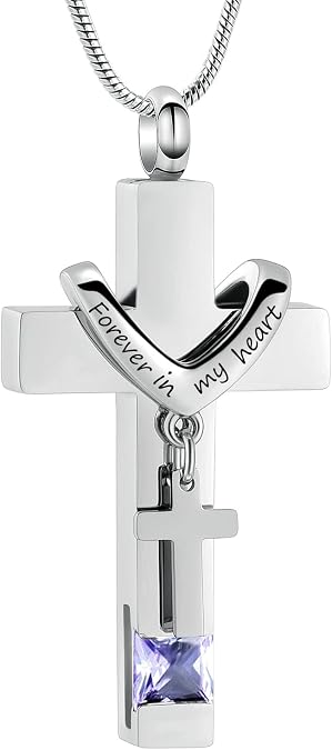 Oinsi Forever In My Heart Cross Urn Necklace For Ashes For Women Men Stainless Steel Cremation Jewelry Ashes Holder Keepsake Memorial Pendant With Birthstone
