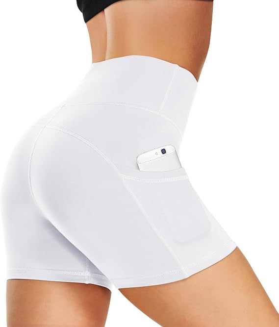 Womens High-Waisted Workout Shorts with Pockets - Biker Shorts for Yoga Running Gym Fitness Outdoor Activities