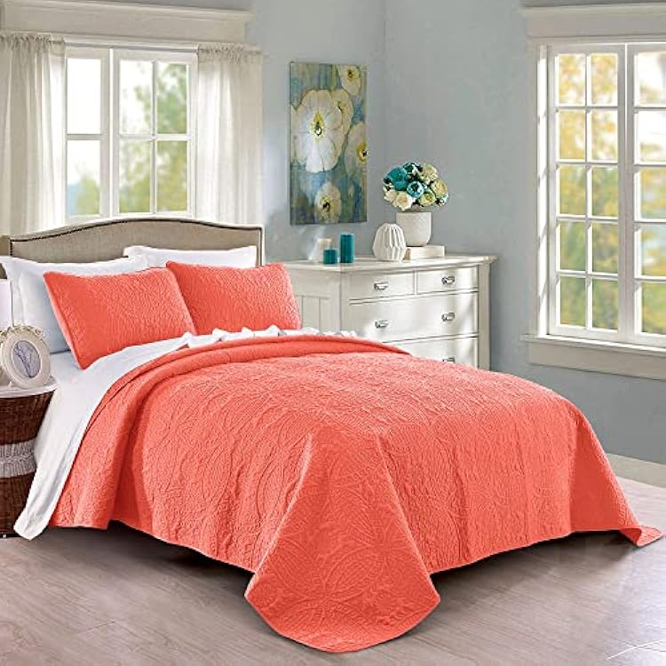 Quilt Set KingCal KingCalifornia King Size Coral - Oversized Bedspread - Soft Microfiber Lightweight Coverlet for All Season - 3 Piece Includes 1 Quilt and 2 Shams, Geometric Pattern