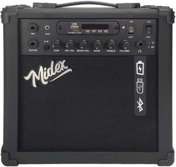 Midex MGA-25BK Electric Guitar Amplifier 25 Watt USB Bluetooth Rechargeable 2 inputs