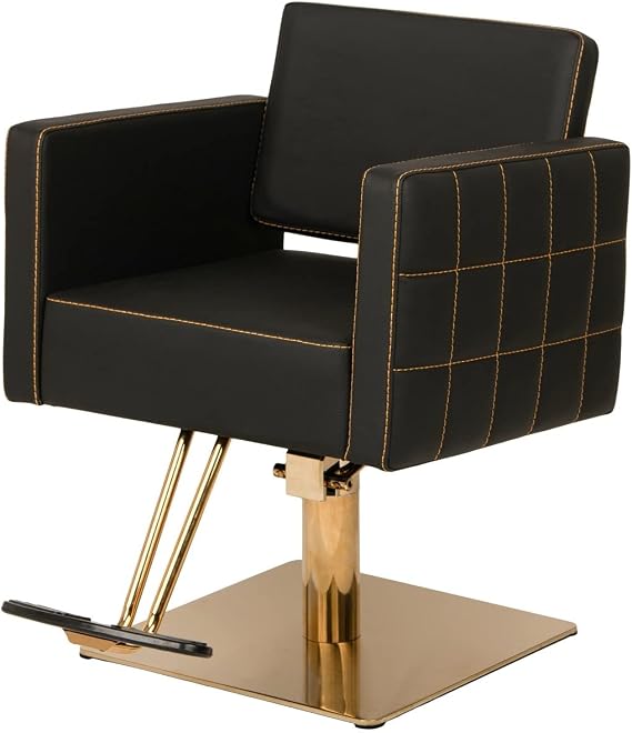 Buy-Rite Zara Styling Chair with Gold Stitching, Extra Wide Seat, Square Gold Base & Footrest - Modern Black Tufted Salon Chair for Hair Stylists & Barbers, Wipe-Clean Design, YLG-192-GOLD