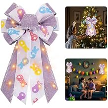 Hying Large LED Easter Bows for Wreath, Easter Bunny LED Wreath Bow White Purple Burlap Bows with LED Lights Farmhouse Tree Topper Bows for Front Door Easter Baby Shower Supplies