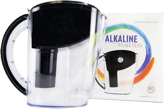 New Wave Enviro Alkaline Water Filter Pitcher, Great for Coffee & Tea, BPA Free Fridge Friendly Design, 3.5 Liter Capacity with Integrated Handle, Black Color