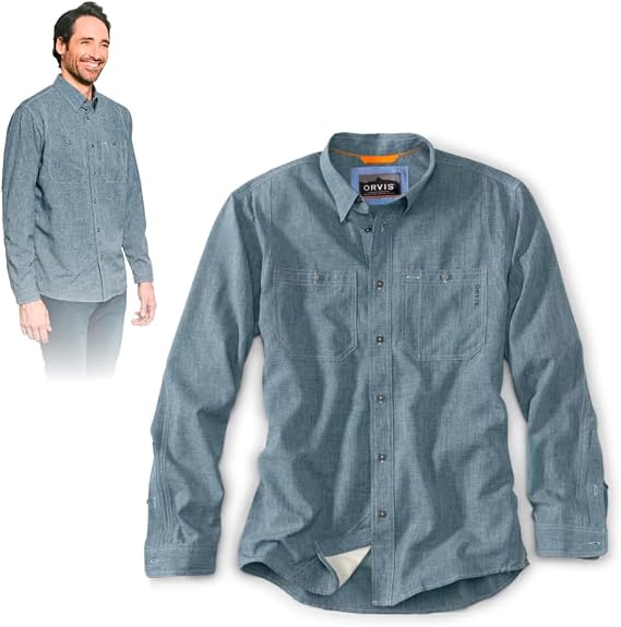 Orvis Tech Chambray Long Sleeve Men's Work Shirts - Lightweight Quick-Drying UPF 40 Chambray Fabric Casual Men's Shirts | UPF 40, Quick-Dry Stretch Fit, Recycled Polyester and Reclaimed Oyster Shells, Triple-Stitched Seams