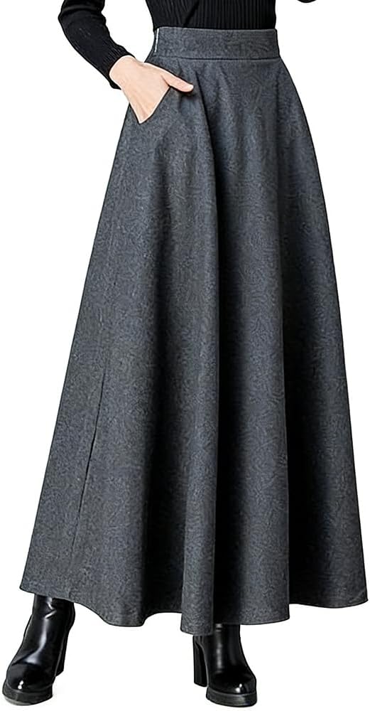 Women's High Waisted Woolen Long Skirt in Autumn and Winter