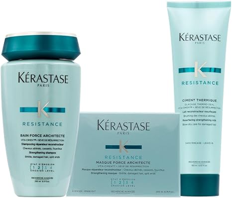Kerastase Resistance Shampoo, Mask and Heat protector set, Contains Bain Force Architecte 250ml, Masque force architecte 200ml and Ciment Thermique Thermo-Seal 150ml