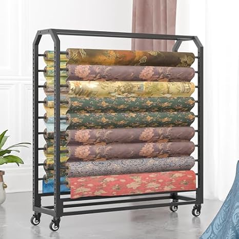 Fabric Roll Storage Rack,Large Textile Fabric Display Rack Cart with Adjustable Hanging Rod & Brakeable Wheels, Commercial Organizer Holder for Vinyl Rolls/Car Color Chan(160cm-18 rods)