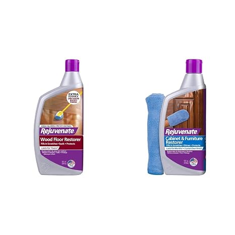 Rejuvenate Professional Wood Floor Restorer and Polish with Durable Finish Easy Mop On Application High Gloss Finish 32oz and Rejuvenate Cabinet And Furniture Restorer Fills In Scratches, Shines And Protects Indoor Cabinets And Furniture, 16 Ounces