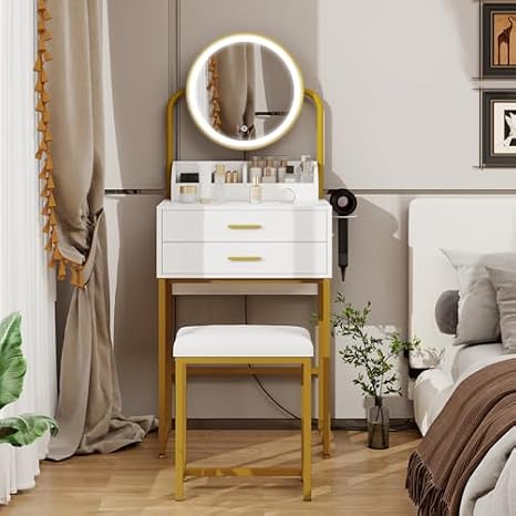 Makeup Table with Flip Top Mirror and Removable Storage Padded Seat Stool Led Smart Glass Dressing Table Chair Set,Compact White and Gold Vanity Table with Lighted Mirror Modern Dressing Tab