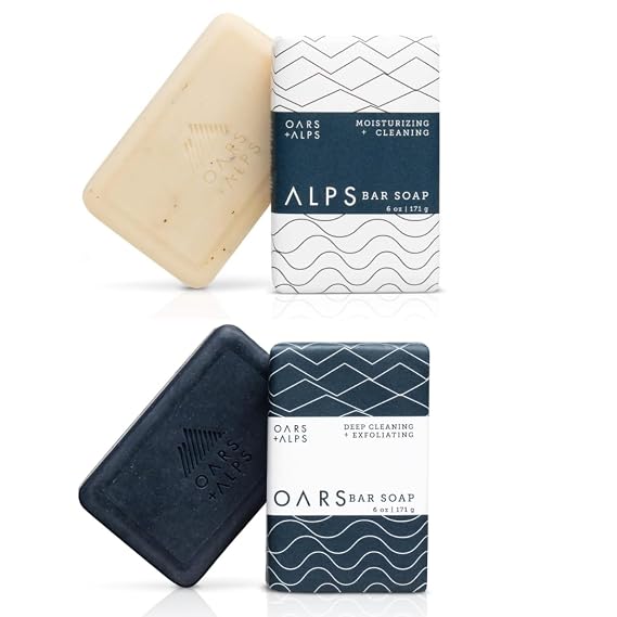 Oars + Alps Blue Charcoal Exfoliating Men's Bar Soap + Moisturizing Men's Bar Soap Set, Clean Ingredients, Dermatologist Tested and Made with Clean Ingredients, TSA Approved, 2 Piece Bundle