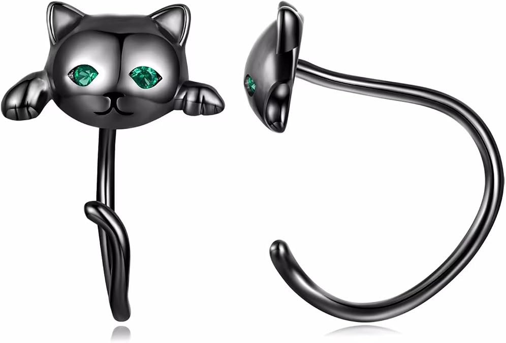 Qings Cat Earrings Studs, 925 Sterling Silver Kitty Earrings Hypoallergenic Pet Studs, Animal Jewellery Gifts For Cat Lovers Women Girls Valentine's Day Engagement Birthday
