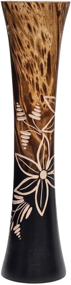 Natural Mango Wood Vase Hand Carved Flowers 12 Inch Curved Cylindrical Handicraft by Thai Artisans No.4