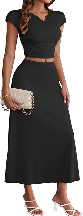 HELYO Women's Casual Sets 2 Piece Outfits Summer Dressy Cap Sleeve V Neck Crop Top High Waist Midi Skirt Set 637