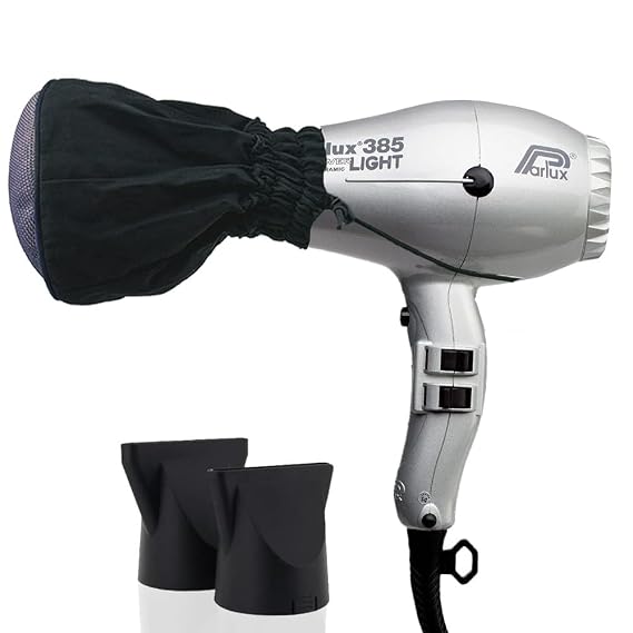 Parlux 385 Powerlight Ionic & Ceramic Silver Hair Dryer + M Hair Designs Metal Mesh Diffuser (Bundle) Lightweight, Fast-Drying, Frizz-Control Blow Dryer for Salon-Quality Styling