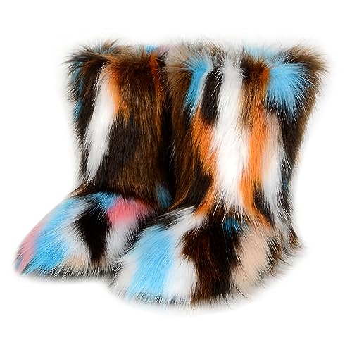 QMFUR Womens Furry Faux Fur Boots Fuzzy Fluffy Mid Calf Snow Boots Suede Warm Fur Lined Booties Flat Fashion Boots