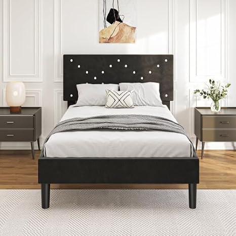 Modern Velvet Twin Bed Frame - Low-Profile Sturdy Upholstered Platform Beds with Wooden Slats Support, No Box Spring Required, Easy to Assemble, Luxury Bedroom Furniture with Headboard (Black, Twin)
