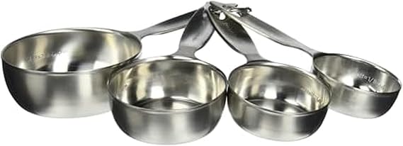 Amco Advanced Performance Measuring Cups - Essential Baking Tools, Multisizes, Silver, Heavy-Gauge Stainless Steel, Ergonomic Design, Space-Saving, Dishwasher Safe, Set of 4 with Engraved Measurements