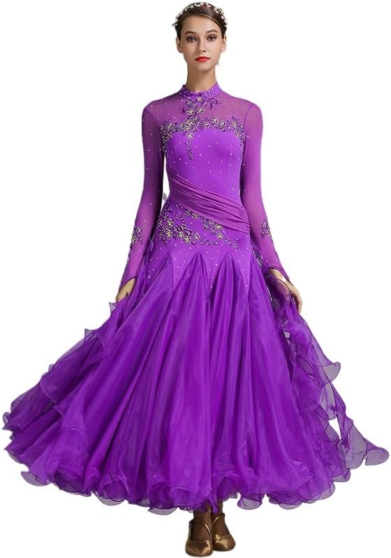 HEARTTOUCH Women Ballroom Dance Dress Modern Waltz Tango Dress Long Sleeve Flash Rhinestone Performance Competition Costume