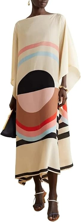 Women's Silk Crepe Kaftan Dress Printed Beach Cover Up, Loose Boho Tunic, Lightweight Summer Resort Wear, Calf Length Caftan for Vacation & Pool