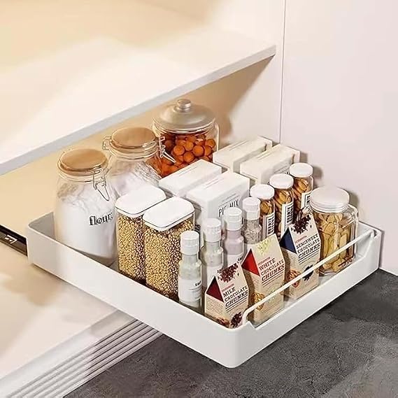 Pull Out Cabinet Organizer, Slide Out Drawer Storage Shelves For Kitchen Cupboard, Roll-Out Extendable Sliding Drawer, No Need Drill And Nailing(White,43 * 40 * 7cm)